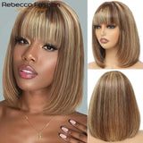 Rebecca human hair wig for women featuring a straight bob style in ombre blonde and brown with lace part, Brazilian natural hair.