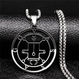 Stainless steel Satan necklace with Sigil De Lucifer, Baphomet stamp, and laser-etched design, featuring chain jewelry style.