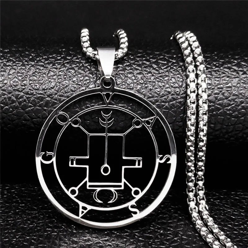 Stainless steel Satan necklace with Sigil De Lucifer, Baphomet stamp, and laser-etched design, featuring chain jewelry style.