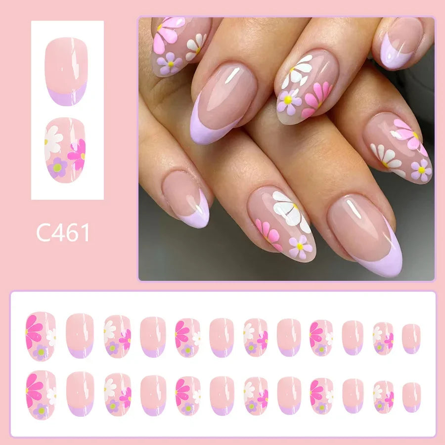 HSF Marketplace 24-piece short almond press-on false nails with pink floral French tips and glossy full-cover finish