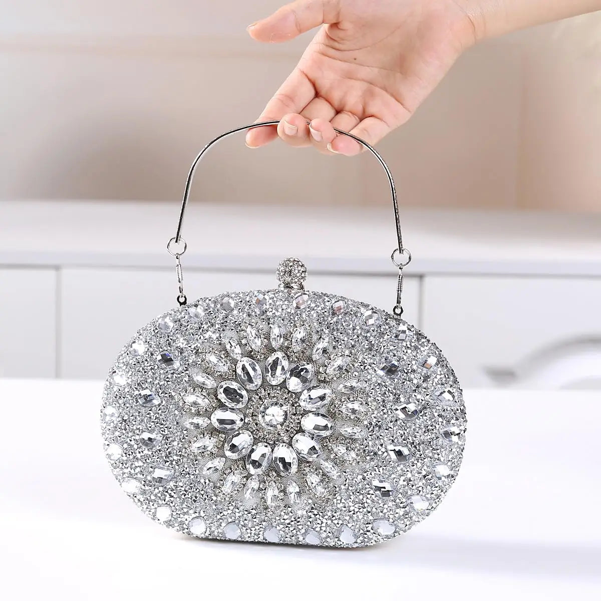 Sparkly women's rhinestone clutch purse from HSF Marketplace, luxury evening handbag with elegant design and sparkling embellishments.