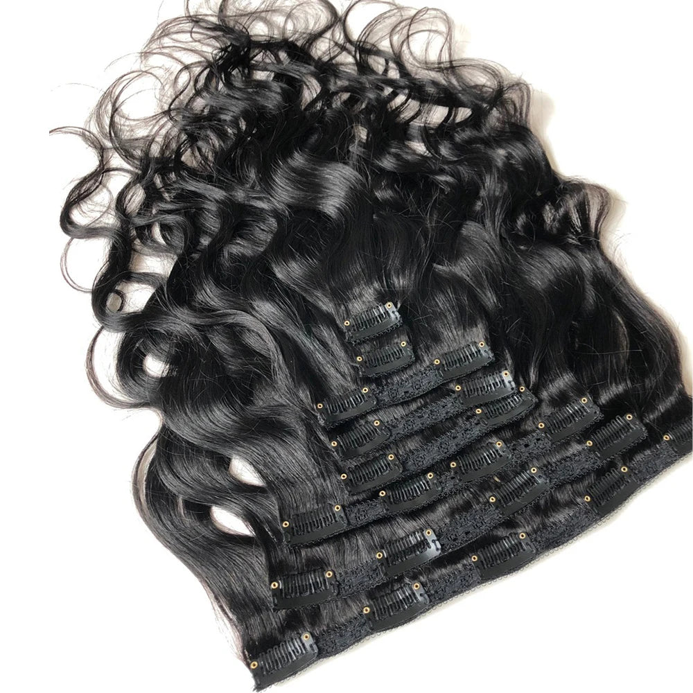 HSF Marketplace Brazilian body wave human hair clip-in extensions, 8-piece set, natural black, 8–26 inch, 120g