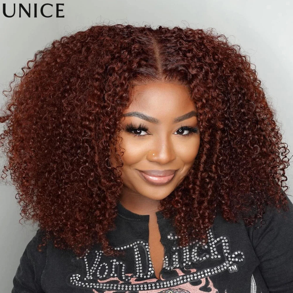 UNice 7x5 Bye-Bye Knots™ Glueless Wig Reddish Brown Jerry Curly & Afro Kinky Curly Wig With Drawstring Pre Cut Pre Bleached Glueless Human Hair Wigs
