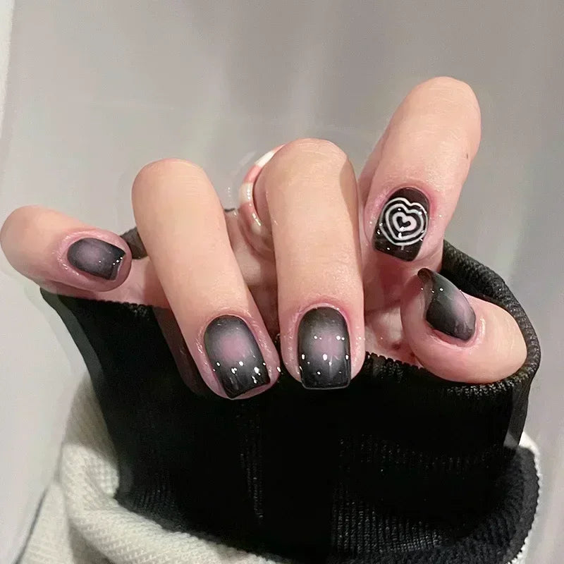 24-piece cute girly short square press-on false nails with white French tips, glitter stars, rhinestones, bows and cat-eye design