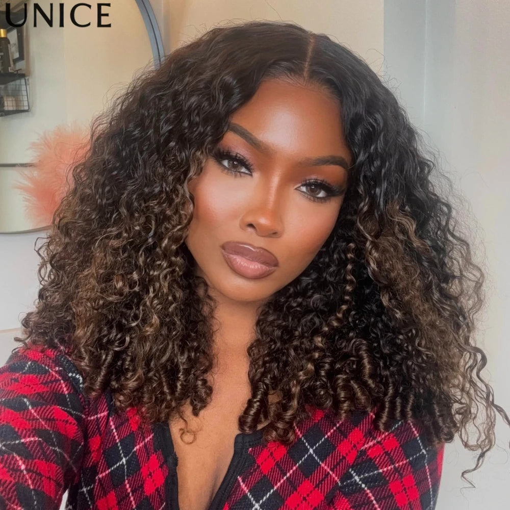 Chestnut brown ombre curly human hair wig with glueless design by HSF Marketplace