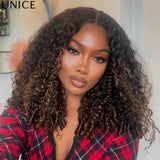 Unice Bye-Bye Slip 7x5 lace Burmese curly wig in chestnut brown ombre with finger coil ends, pre-bleached, human hair, glueless ready-to-wear