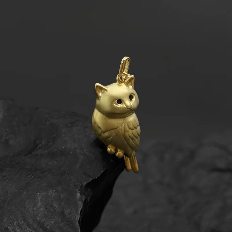 Golden and silver textured 3D owl bird necklace pendant for women, featuring a charming animal design in jewelry style.