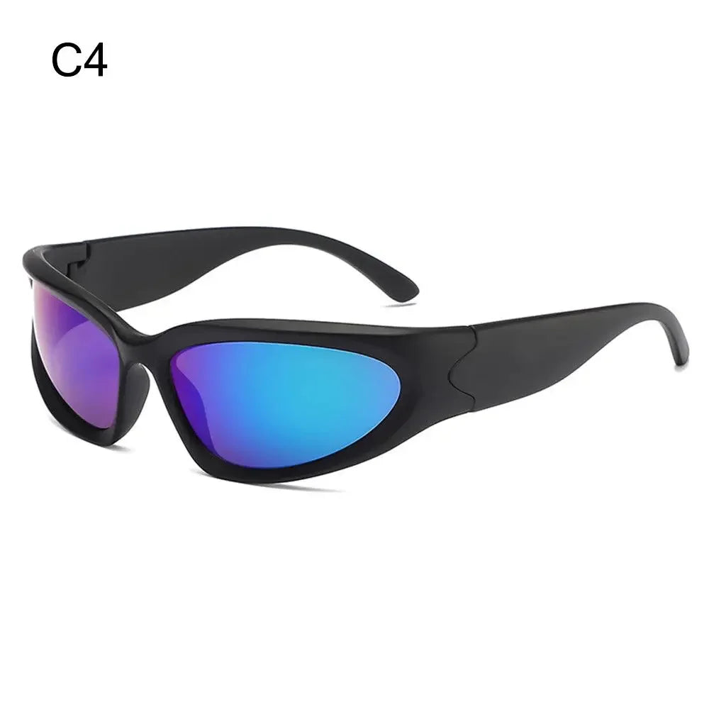 Y2K rimless punk sunglasses by HSF Marketplace featuring wrap-around design and luxury brand style for women and men