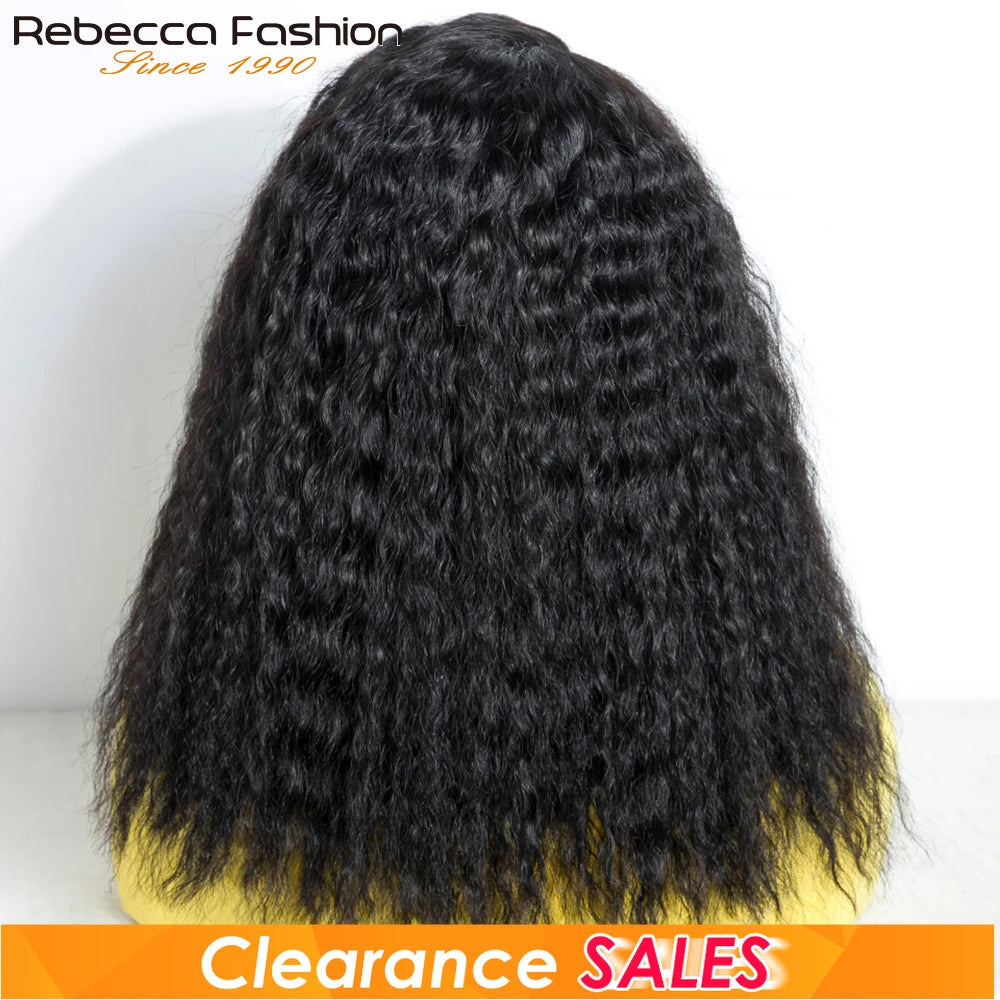Natural black 14-inch kinky straight bob side part human hair wig with natural hairline, reddish brown color, glueless design.