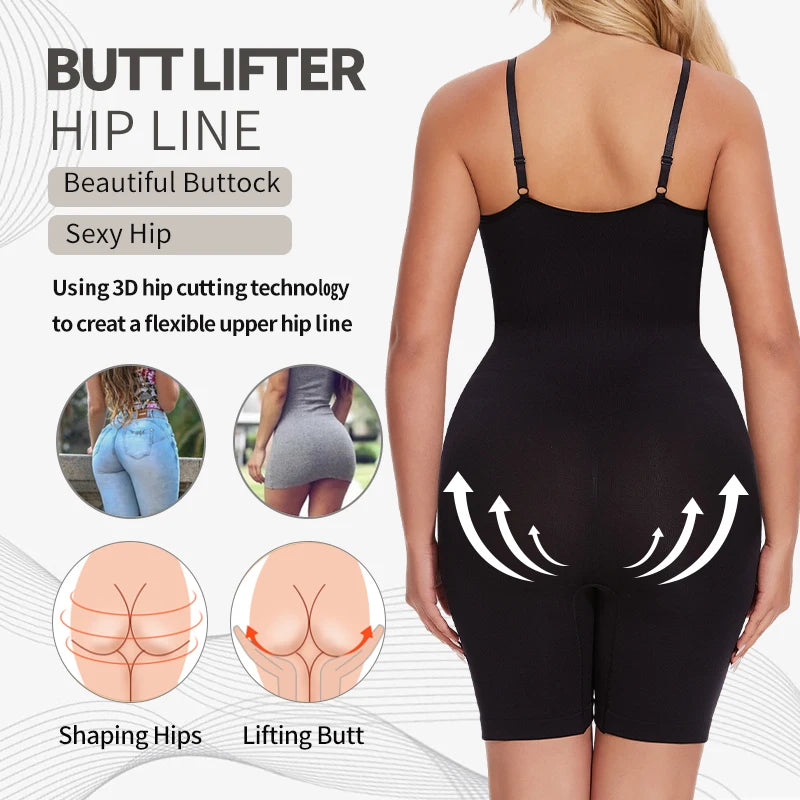 Women's tank top bodysuit shapewear with tummy control, anti-chafing shorts, waist trainer, and butt lifter