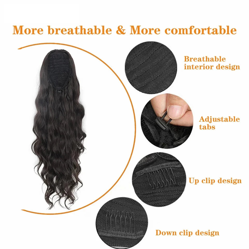 Body wave Brazilian Remy human hair drawstring ponytail extensions in natural black, clip-in style