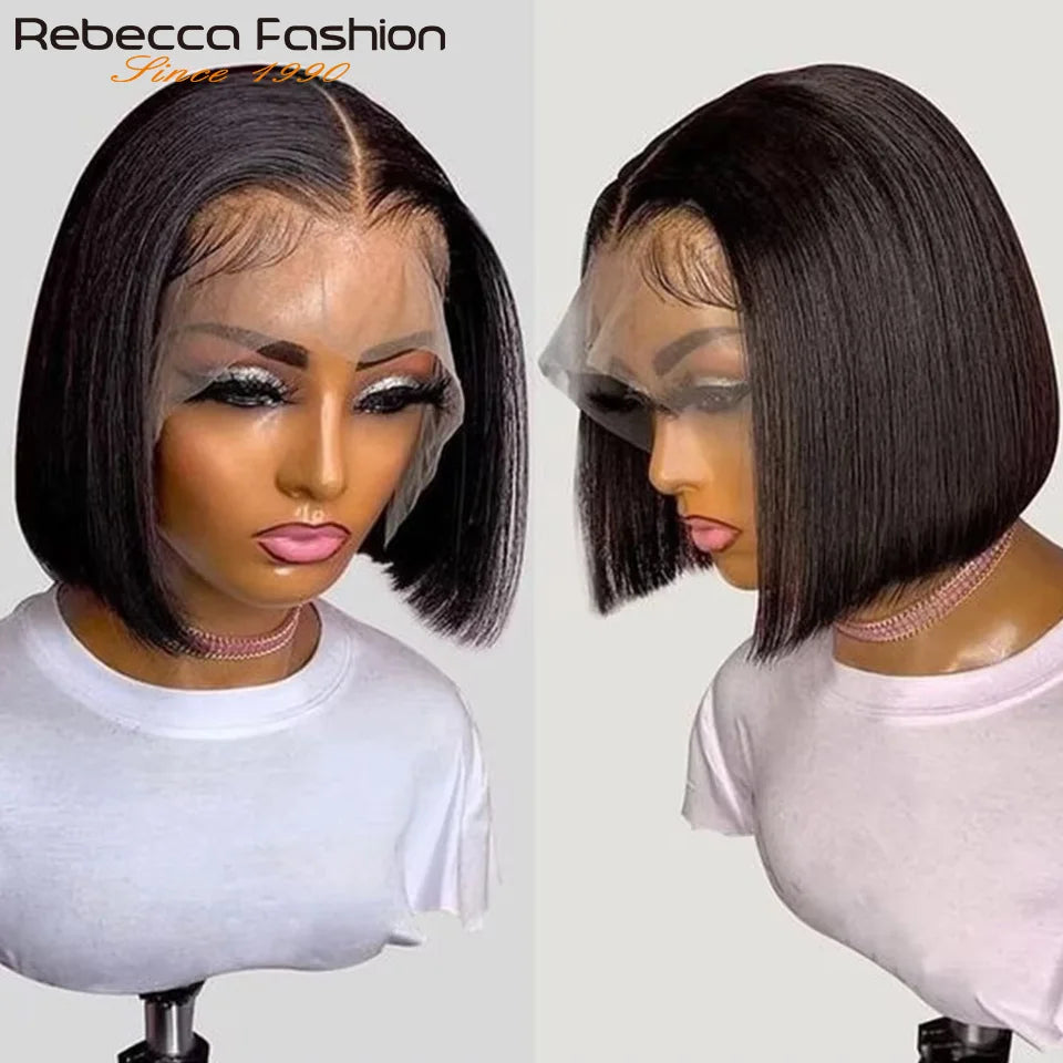 Rebecca natural black bob wig with reddish brown highlights, lace front, Peruvian straight human hair, 13x6 inch T part wig