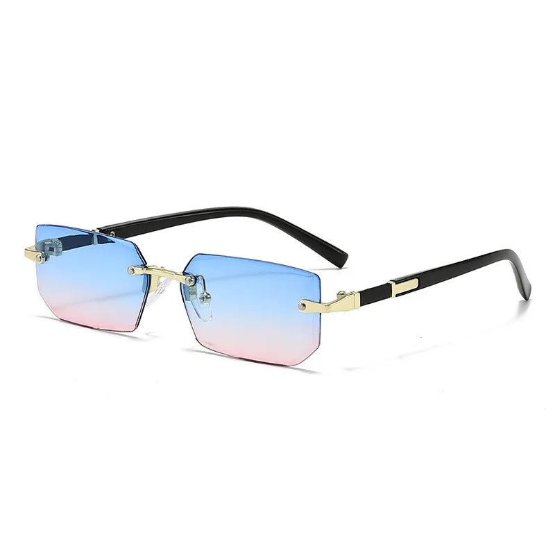 Rimless rectangle sunglasses by HSF Marketplace with small square lenses, suitable for women and men, summer travel fashion shades.