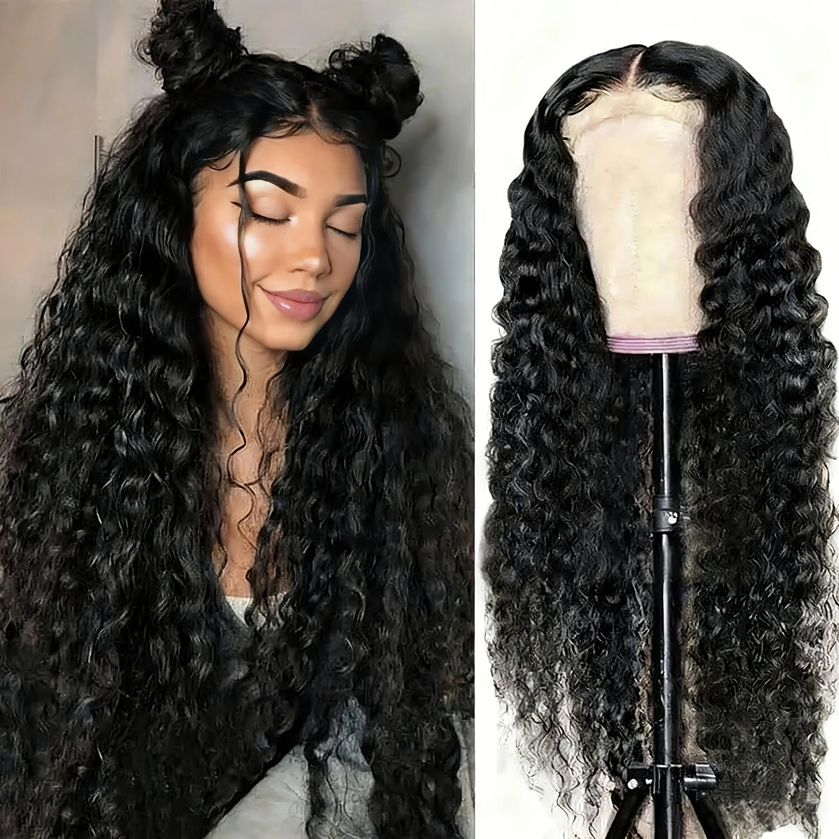 34-inch HSF Marketplace human hair deep wave lace front wig with pre-plucked natural hairline and 5x5 HD closure