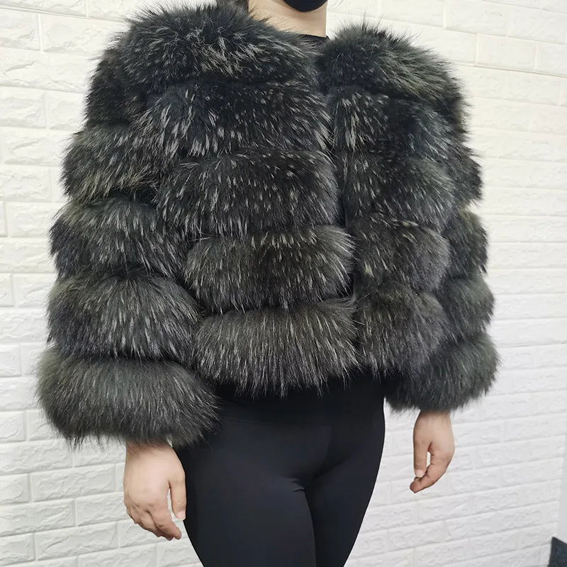 Women's luxury thick real raccoon fur coat in plus sizes, HSF Marketplace black and brown fur outerwear