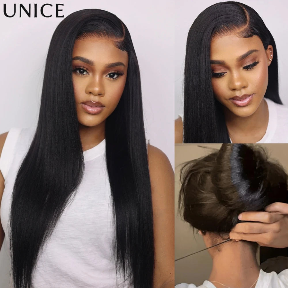 Yaki straight human hair wig with glueless 7x5 lace, ready-to-wear natural black style