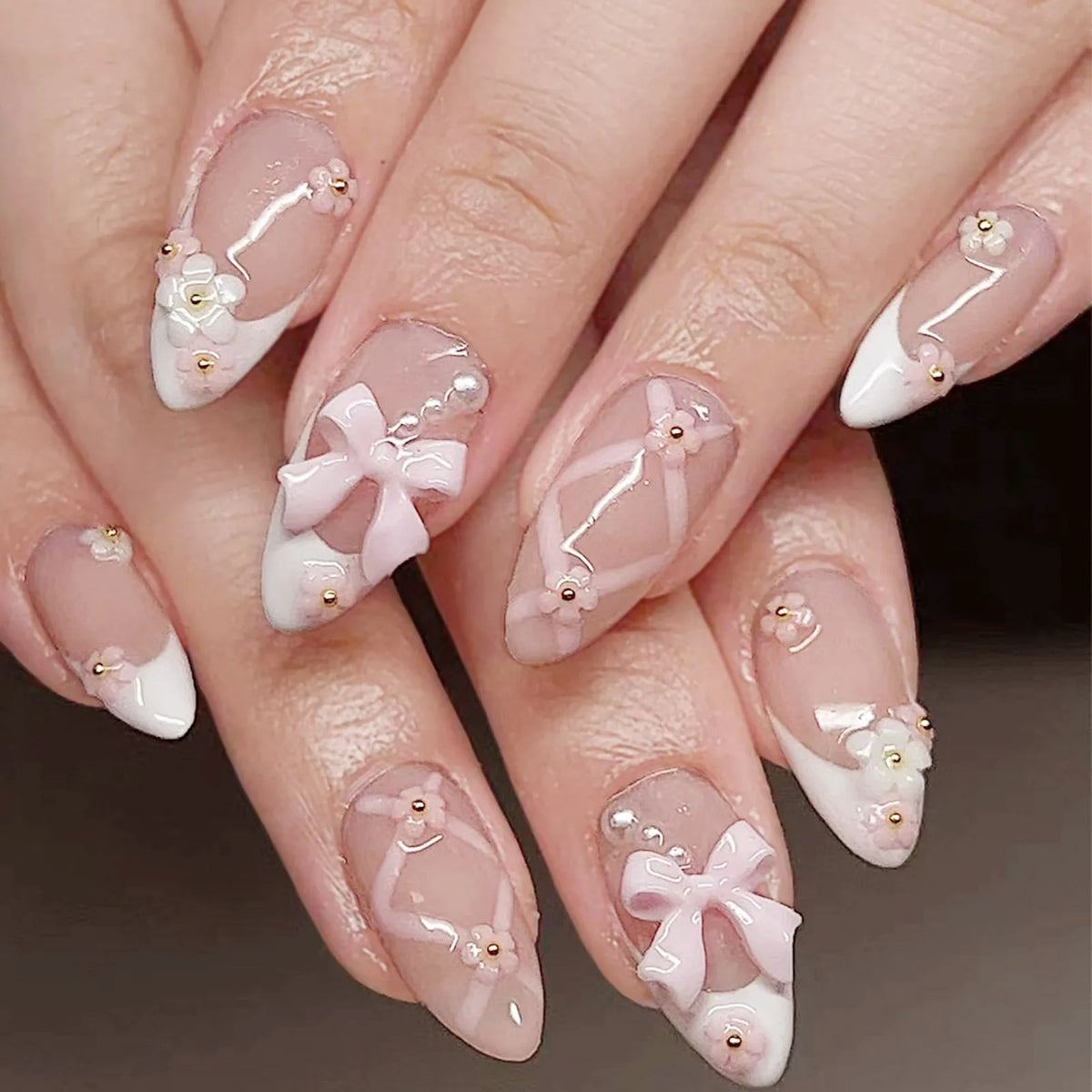 24-piece almond shape false nails with brown stripes and pink flowers, wearable full-cover acrylic nail tips