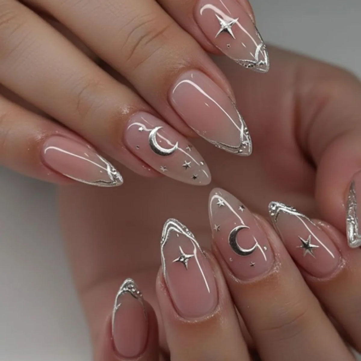 HSF Marketplace 24-piece Y2K almond press-on nails with blue gradient French tips and gold moon designs