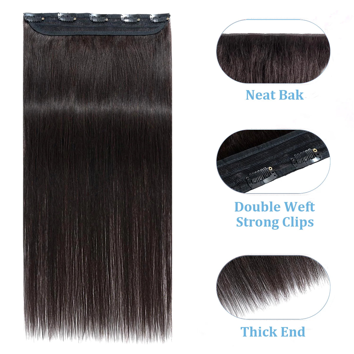 Clip-in one-piece straight 10-inch Brazilian Remy human hair extension with 5 clips, natural finish