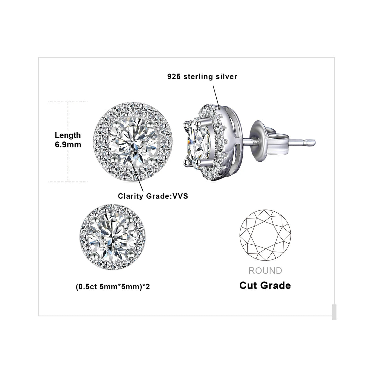 Moissanite halo stud earrings in 925 sterling silver for women, HSF Marketplace jewelry visibly featuring sparkling stones
