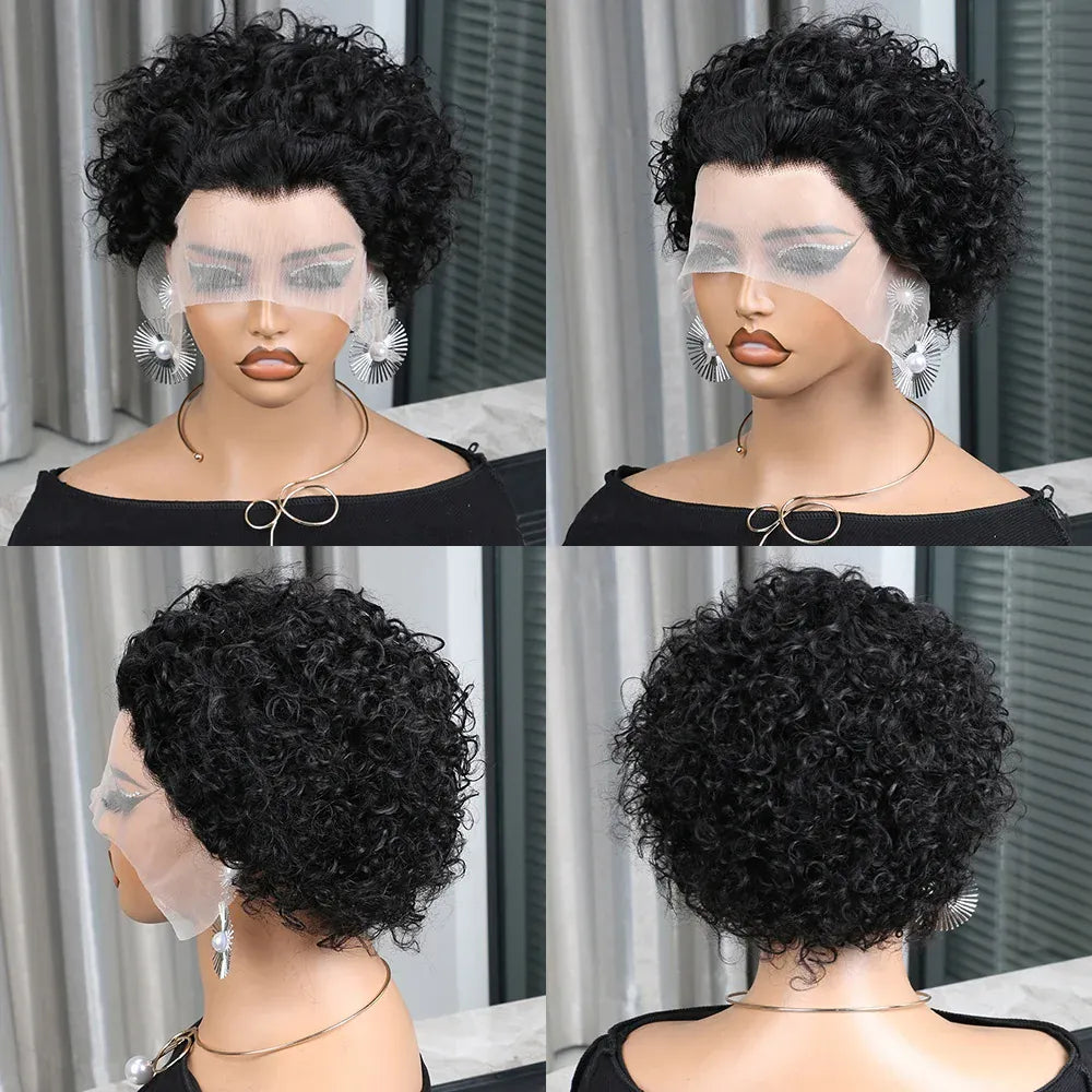 Ginger Pixie Cut Wigs Human Hair 6 8 Inch Short Curly Lace Frontal Human Hair Wigs For Women  #350 Orange Water Wave Bob Wig 13x1 Transparent Lace Wigs