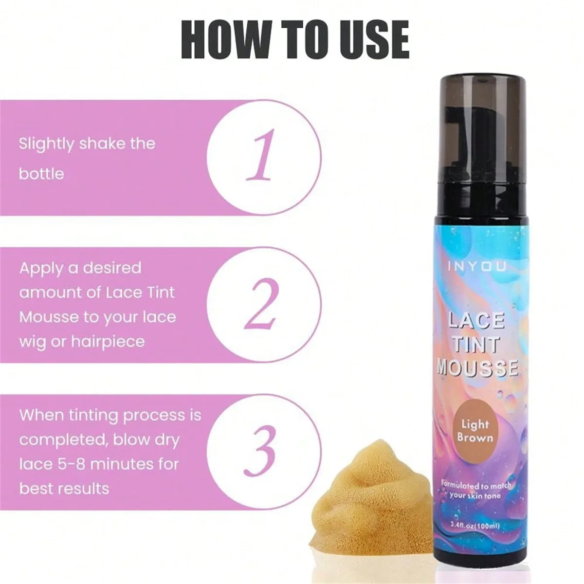 2025 New Melt Lace Tint Melting Hair Mousse and Spray for Medium Brown Wigs, Foam for Lace Frontal Wigs