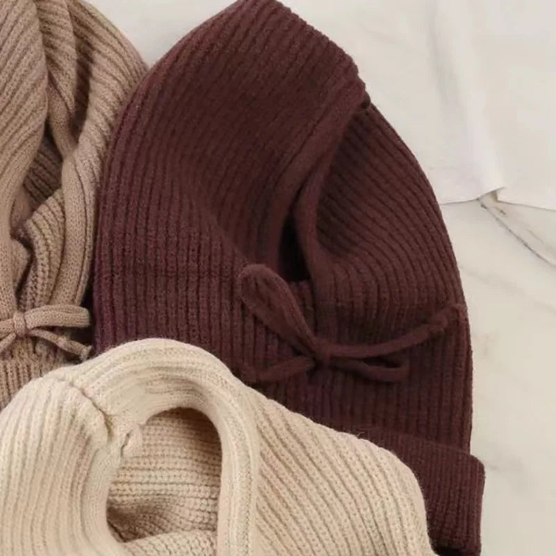 Women's knitted hooded balaclava hat with drawstring, one-piece neck collar and winter warmer design by HSF Marketplace