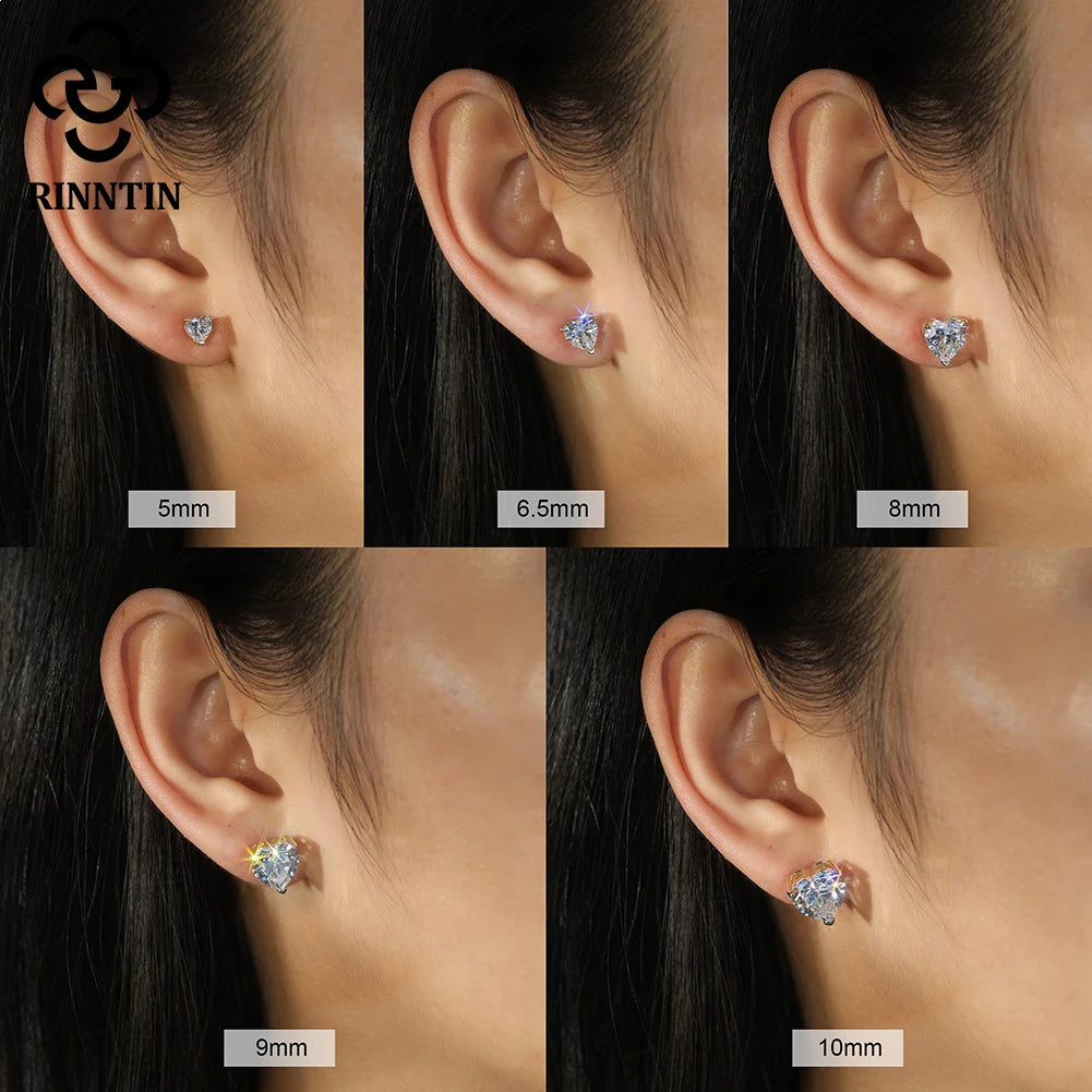 Rinntin love heart cut 5A cubic zirconia stud earrings in 925 sterling silver, shown as a pair