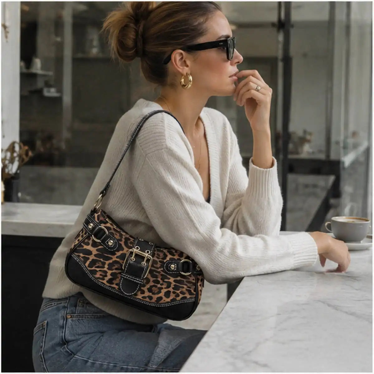 Leopard print PU leather hobo shoulder bag for women by HSF Marketplace