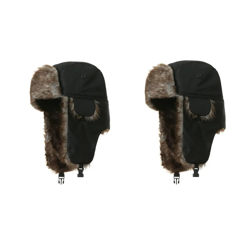 Unisex Russian faux fur trapper aviator hat with earflaps, warm winter ski cap for men and women