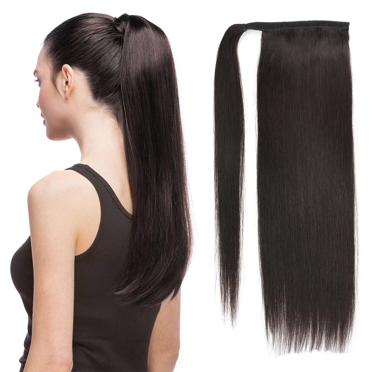 Straight Brazilian Remy human hair wrap-around ponytail extension in a natural horsetail style, 100% human hair