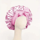 Silk satin sleep bonnet with adjustable tie band, suitable for women and men, designed for hair protection during sleep