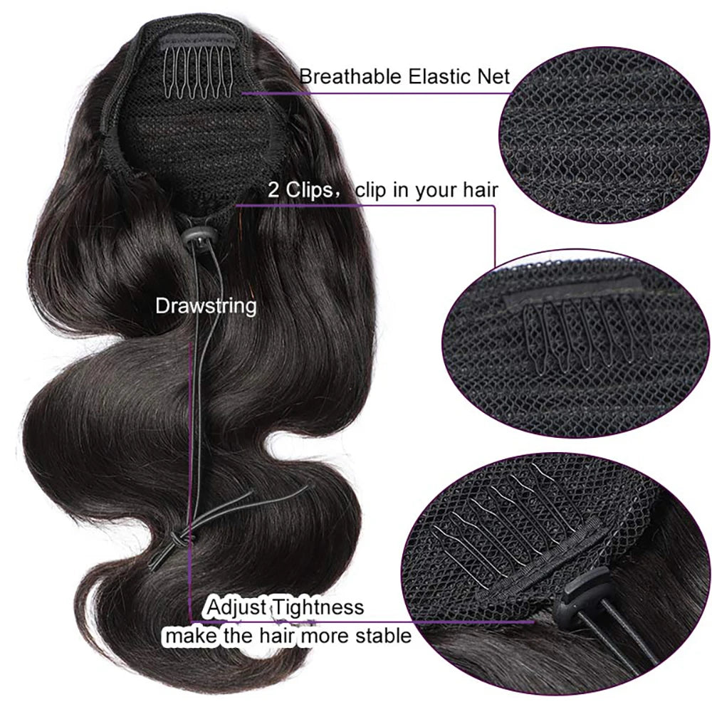 Natural black Brazilian human hair body wave drawstring clip-in ponytail extension for women