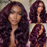 Black cherry loose wave human hair wig with bangs, styled in a rich dark red shade