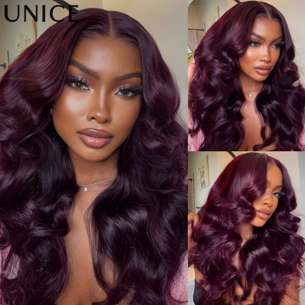 Black cherry loose wave human hair wig with bangs, styled in a rich dark red shade
