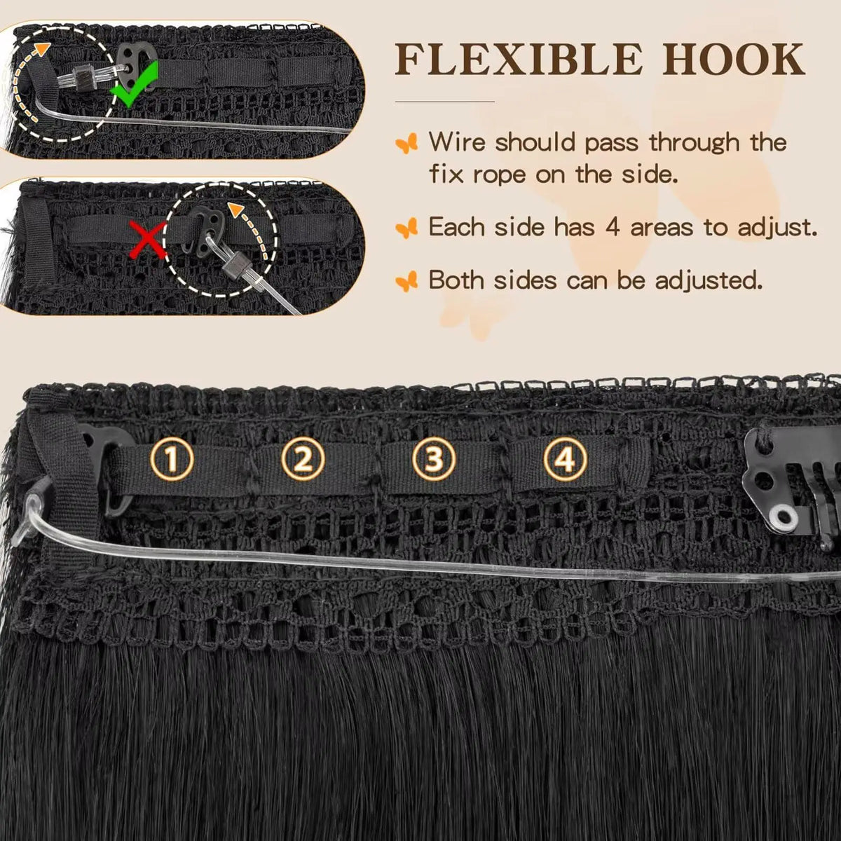 Dark brown invisible wire halo clip-in hair extensions with adjustable wire and clips by HSF Marketplace