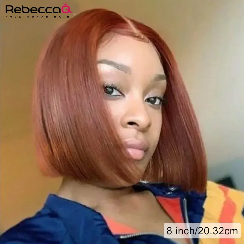 Ginger brown lace front wig with short bob cut, reddish brown color, human hair, glueless Brazilian Remy, 13x6 inch lace front.