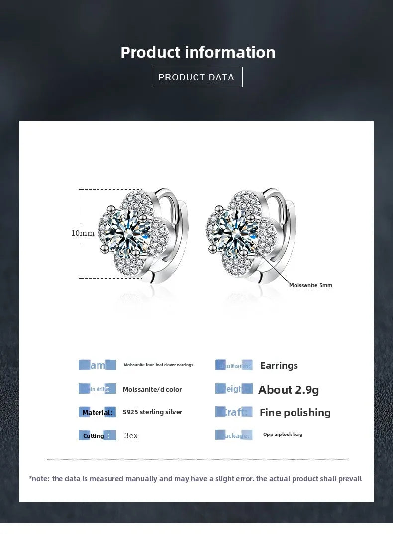 1Ct D-Color Moissanite Clover Earrings in S925 Sterling Silver - Elegant Four-Leaf Jewelry for Women