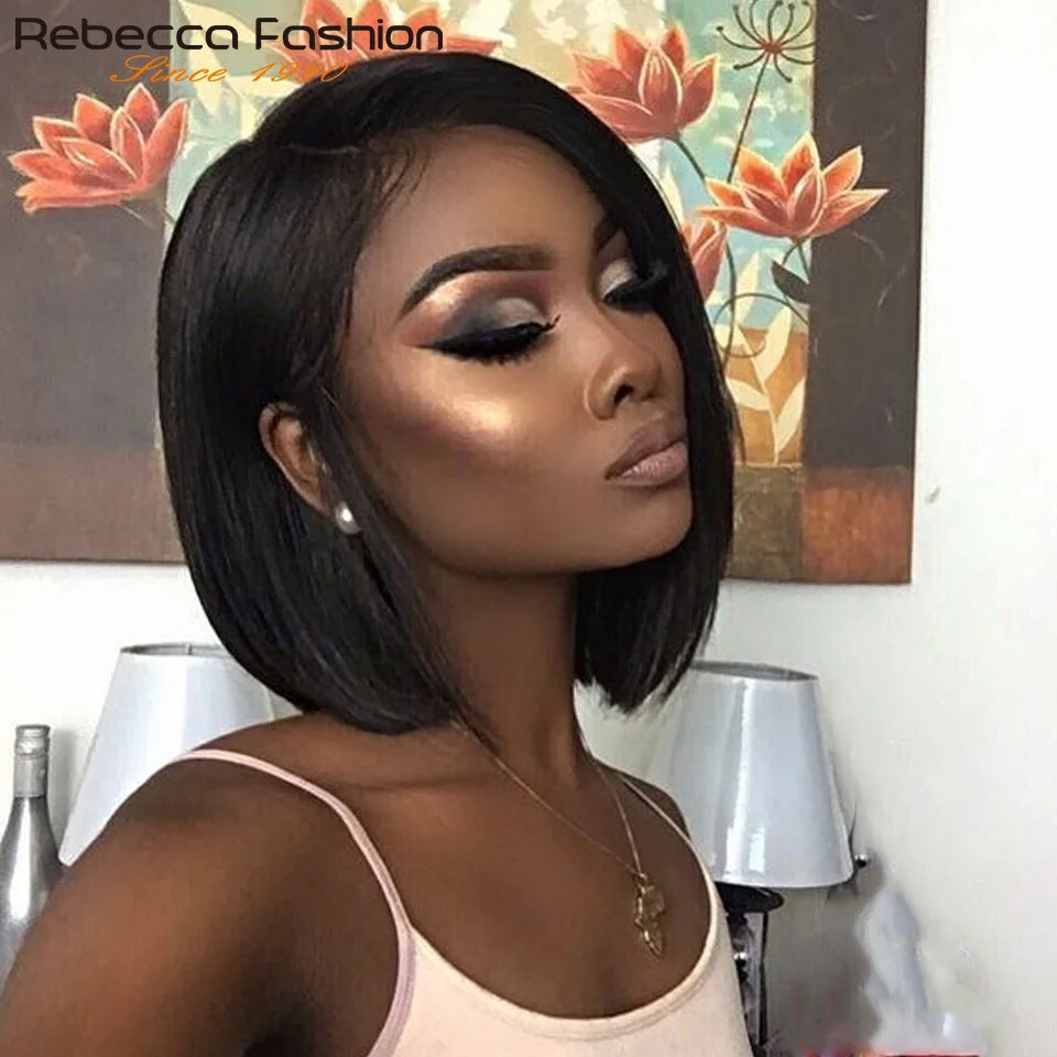 Human hair burgundy short bob wig with side part, straight style, glueless wear, by HSF Marketplace.