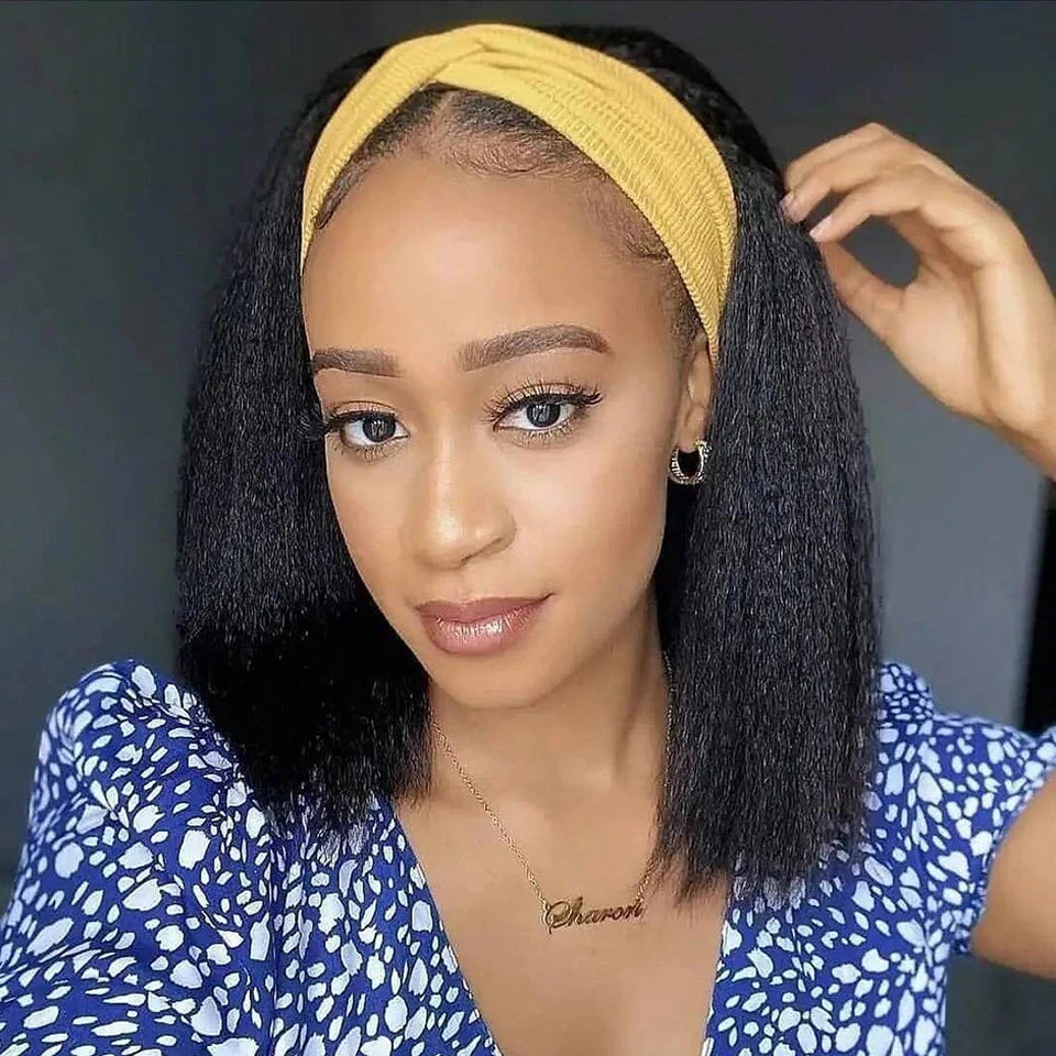 HSF Marketplace short bob human hair wig, 250 density kinky straight yaki texture with headband