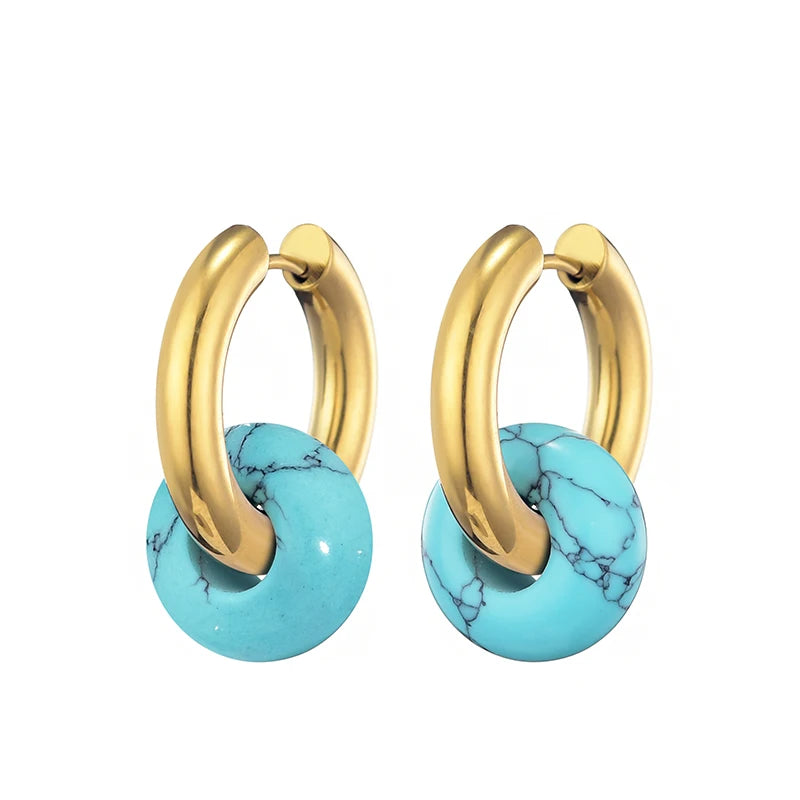 Classic fashion natural stone turquoise round bead hoop earrings with 3mm thick stainless steel ear buckles