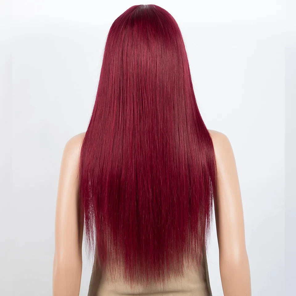 Burgundy straight human hair wig with bangs for women by HSF Marketplace