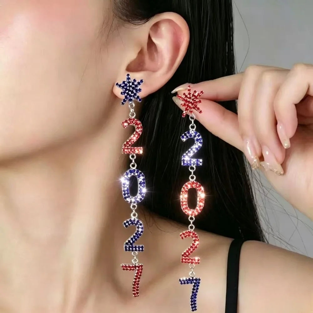 Red, white and blue rhinestone snowflake dangle earrings for women by HSF Marketplace