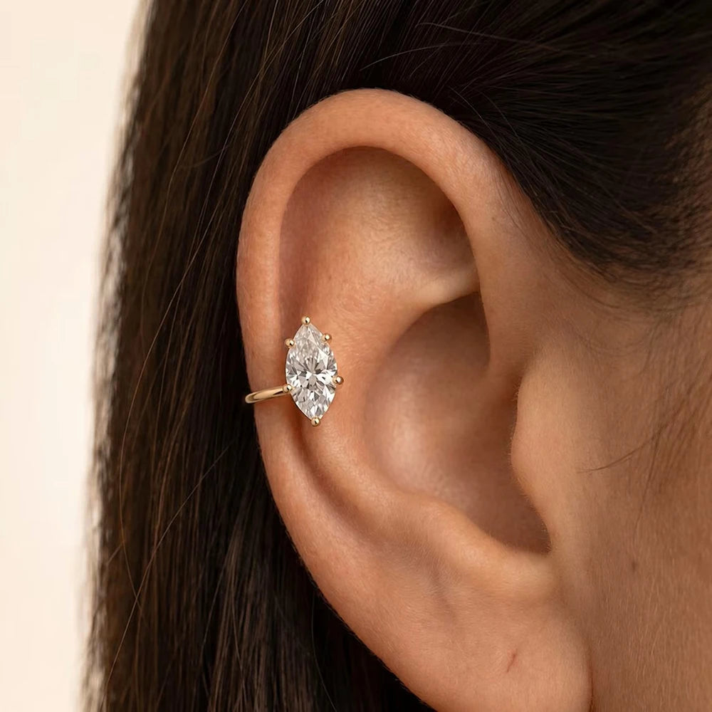 1 carat marquise cut solitaire moissanite open ear cuff in S925 silver, no-piercing lab diamond earring