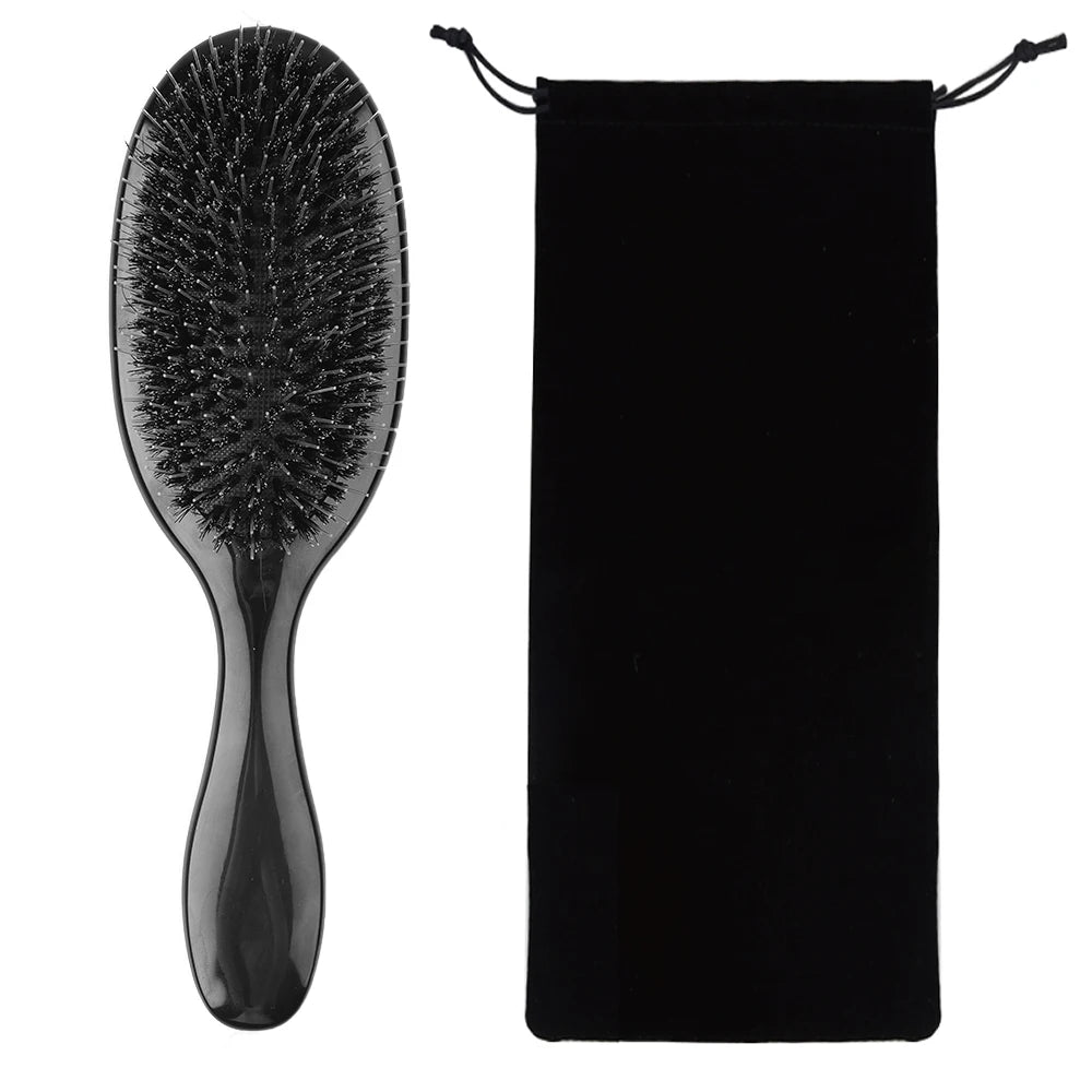 Harsany boar bristle hair brush with massage comb, used for styling and hair care, featuring natural wood handle and bristle tips.