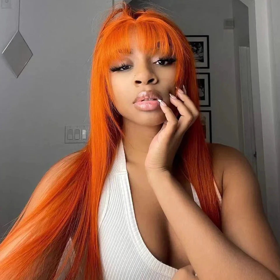 180D 8-28 inch ginger straight human hair wig with bangs, full machine-made wig for women in burgundy orange natural shade