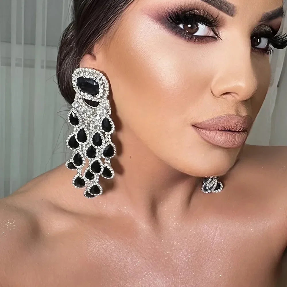 Bridal black crystal tassel earrings with elegant dangling design for women