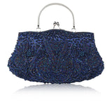 Women's beaded embroidered clutch purse with shoulder chain, small retro evening handbag for wedding and party occasions.