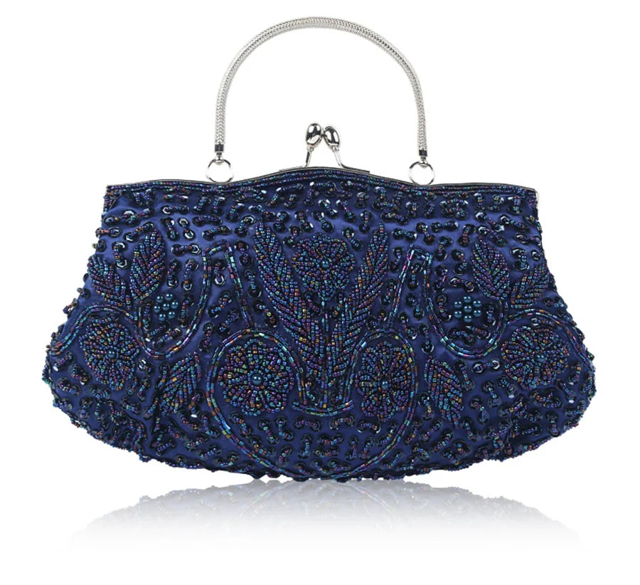 Women's beaded embroidered clutch purse with shoulder chain, small retro evening handbag for wedding and party occasions.