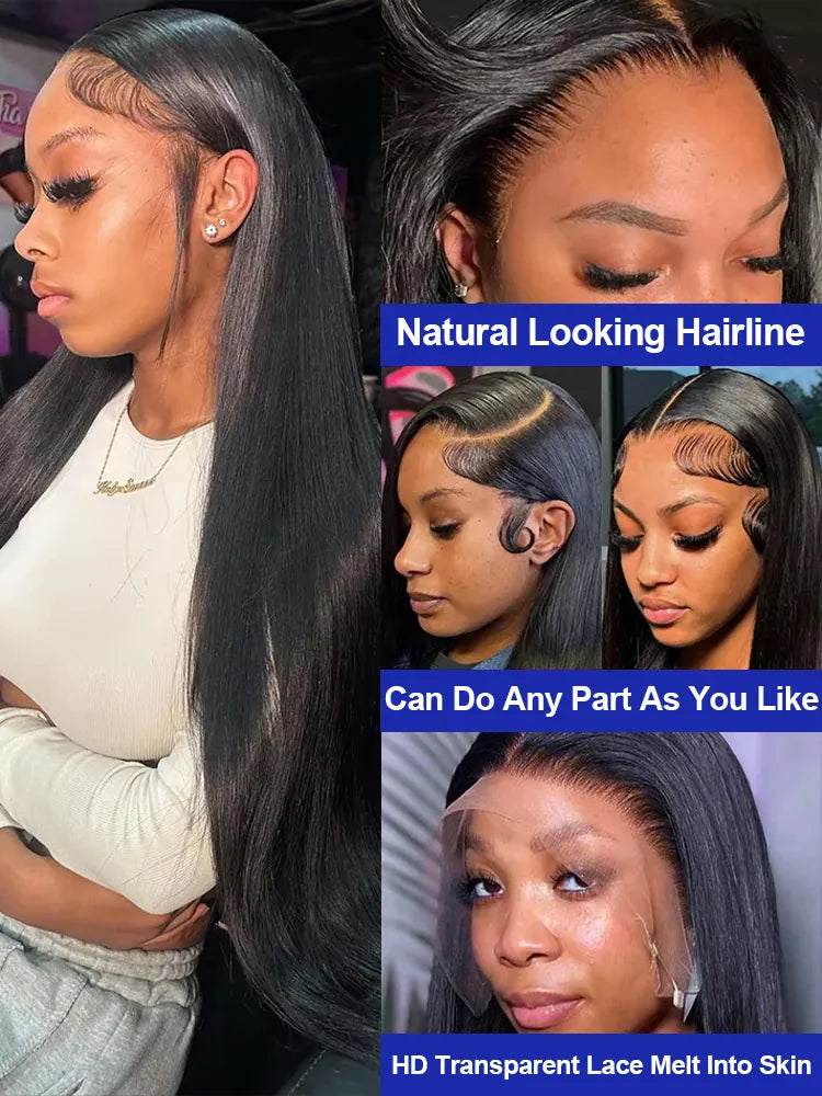 Luxurious Silky Long Straight Glueless Full Lace Front Human Hair Wigs For Women Brazilian Raw Virgin 13x4 13x6 Transparent Lace Frontal Wig 40 42 Inch 300 Density Ultra Smooth Straight Pre Plucked Hairline With Natural Baby